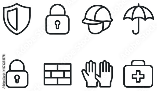 Security and safety linear icon set. featuring shield, lock, helmet, umbrella, brick wall, gloves, and first aid