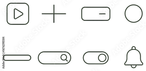 Music player linear icon set. featuring play, plus, minus, circle, search, toggle, slider, bell symbols