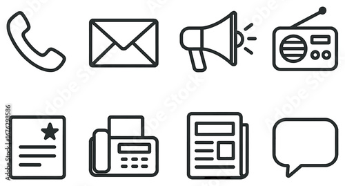 Communication tools linear icon set. featuring phone, email, megaphone, radio, fax, newspaper, and chat symbols