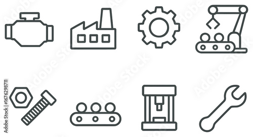 Industrial equipment linear icon set. featuring engine, factory, gear, crane, bolt, conveyor, press, wrench