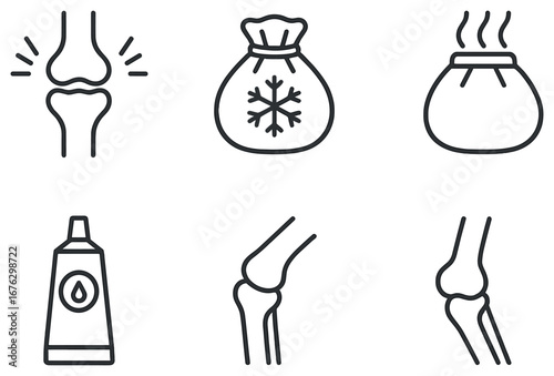 Medical linear icon set. featuring knee pain, ice pack, heat pack, ointment, joint, and arthritis symbols