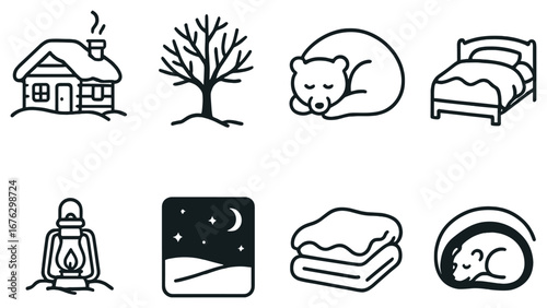 Winter cozy linear icon set. featuring house, tree, bear, bed, lantern, night, blanket, sleeping cat