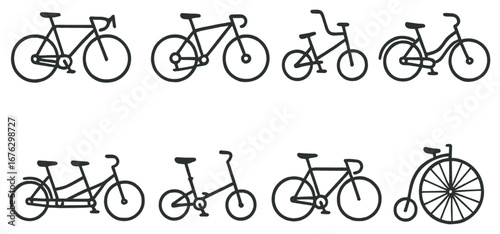 Bicycle linear icon set. featuring road bike, mountain bike, tandem, folding bike, and penny-farthing icons