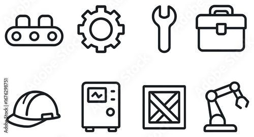 Industrial equipment linear icon set. featuring conveyor, gear, wrench, toolbox, helmet, monitor, crate, robot