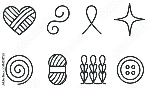 Knitting tools linear icon set. featuring yarn, needle, thread, button, stitch, swirl, star, and spiral symbols
