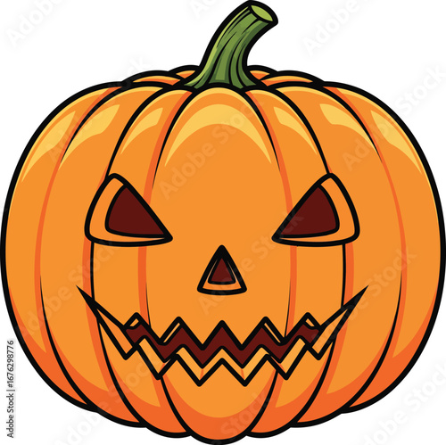 Scary orange pumpkin with carved face and green stem halloween jack-o-lantern