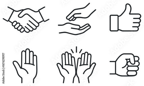 Gesture linear icon set. featuring handshake, open hand, thumbs up, stop, clapping, and fist icons