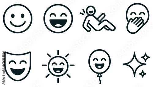 Emotions flat icon set. featuring happy, laughing, giggling, joyful, smiling, cheerful, playful, and shining icons