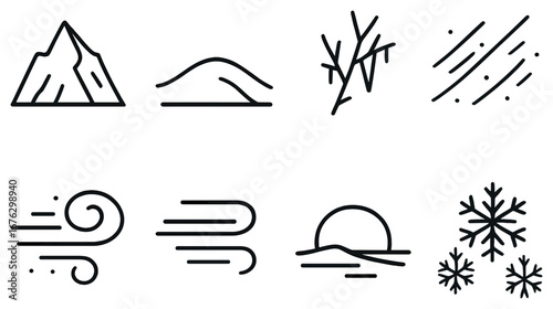 Weather symbols linear icon set. featuring mountain, hill, branches, rain, wind, sunset, snowflake symbols