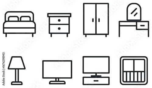 Furniture linear icon set. featuring bed, nightstand, wardrobe, vanity, lamp, tv, and mirror symbols