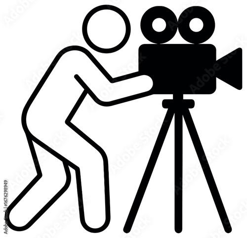 Cinema flat icon set. featuring camera operator, clapperboard, film reel, director's chair, popcorn, and ticket symbols