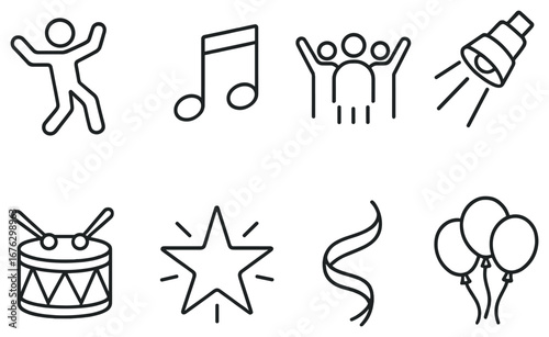Party celebration linear icon set. featuring dance, music, friends, spotlight, drum, star, ribbon, balloons