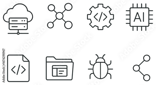 Technology linear icon set. featuring cloud storage, network, coding, ai, script, folder, bug, and sharing symbols