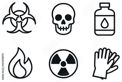 Hazard warning linear icon set. featuring biohazard, skull, chemical, fire, radiation, gloves