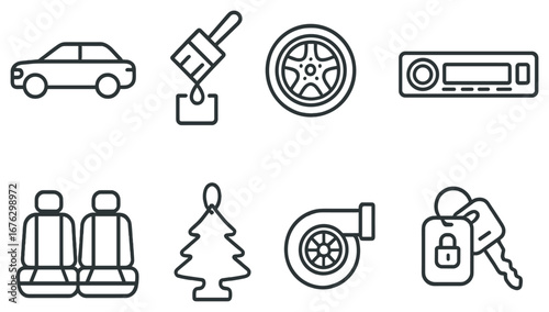 Automotive maintenance linear icon set. featuring car, paintbrush, tire, stereo, seats, air freshener, turbo, keys