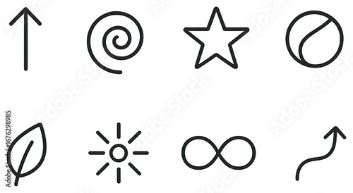 Abstract linear icon set. featuring arrow, spiral, star, prohibition, leaf, sun, infinity, and curve symbols