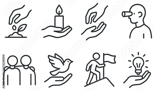 Charity and enlightenment linear icon set. featuring planting, candle, vision, unity, peace, achievement, and idea symbols