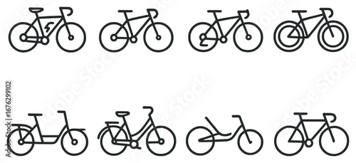 Bicycle linear icon set. featuring electric bike, road bike, and tandem bike designs