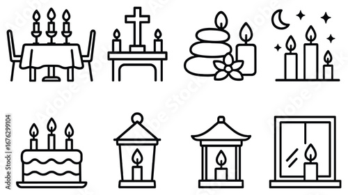 Candle and table linear icons set. featuring dining, altar, spa, night, cake, lantern, shrine, window symbols