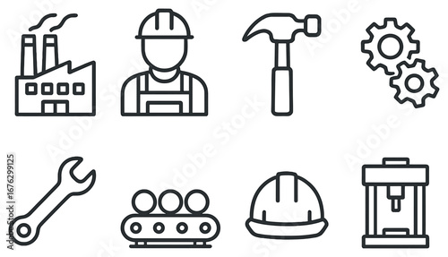 Industry and engineering linear icon set. featuring factory, worker, hammer, gears, wrench, conveyor, helmet, machine