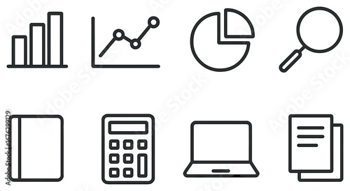 Business tools linear icon set. featuring chart, graph, pie, magnifying glass, planner, calculator, laptop, document