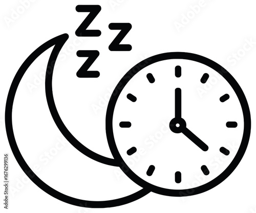 Sleep and time linear icon. featuring moon, clock, zzz symbol