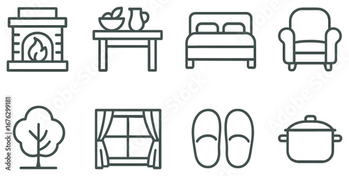 Home essentials linear icon set. featuring fireplace, dining table, bed, armchair, tree, window, slippers, pot