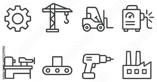 Industrial equipment linear icon set. featuring gear, crane, forklift, generator, sewing machine, conveyor, drill, factory