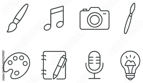 Art and creativity linear icon set. featuring brush, palette, music note, camera, microphone, notebook, lightbulb
