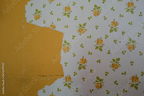 Faded and peeling yellow wallpaper and paint in an old abandoned home