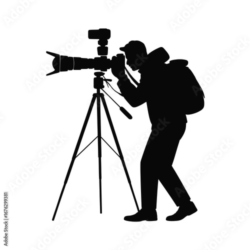 Silhouette of a photographer with camera on tripod capturing a moment