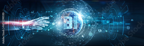 Photography Hands of robot touch on BI network and data visualization, predictive analytics, KPI dashboards, strategic decision-making, performance optimization, big data integration for advanced reporting