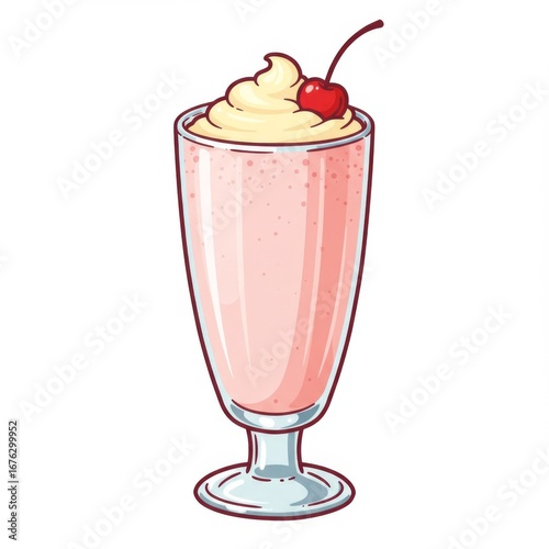 Pink Pixelated Milkshake with Whipped Cream and Cherry Topping in Glass Cup