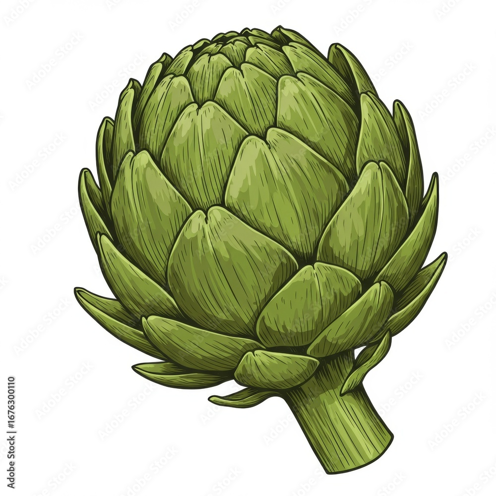 Fototapeta premium Detailed Engraving Style Image of a Green Artichoke Against White Background