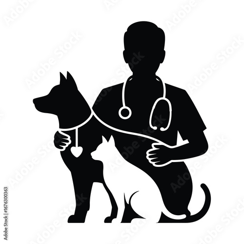 Veterinarian caring for dog and cat silhouette medical professional animal healthcare symbol