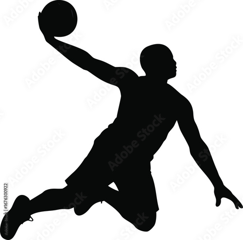 Dynamic silhouette of a basketball player soaring through the air slam dunking the ball silhouette