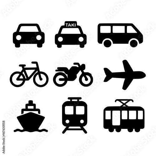 Transportation icons representing travel, movement, and journeys