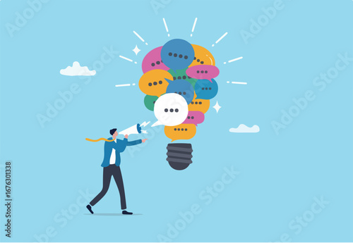 Communication, marketing message to communicate with consumer, advertising strategy, media or announcement information dialogue, businessman talking on megaphone with speech bubble lightbulb idea. 