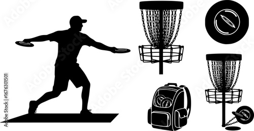 Disc golf silhouette, Disc golf basket silhouette, Disc golf svg, Frisbee svg, Disc golf basket svg, Disc golf bundle svg, Austin disc golf svg, Disc golf vector set.