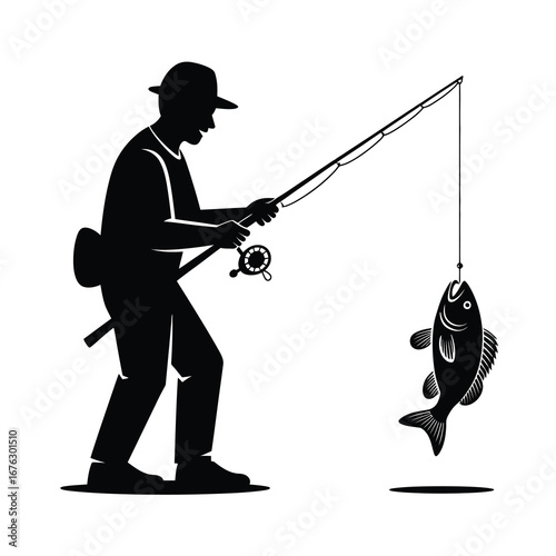Silhouette of a fisherman holding a rod with a freshly caught fish
