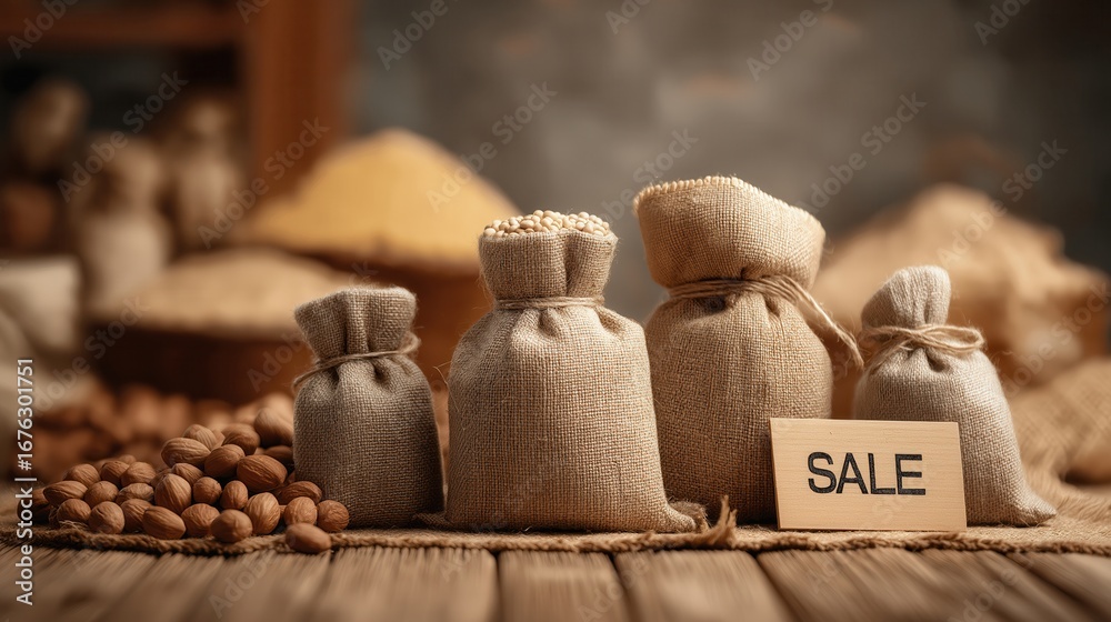 Fototapeta premium Burlap sacks filled with nuts and grains displayed on wooden table with sale sign.