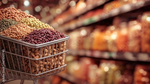 Shopping cart filled with nuts and beans in grocery store aisle.