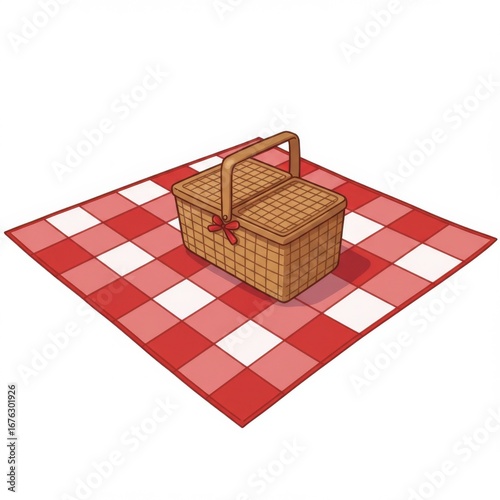 Wicker Picnic Basket on Red and White Checkered Blanket Illustration