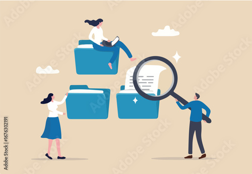 Document, content or research paper, documentation file folder storage, report or paperwork, search or file archive, office contract concept, business people working with paper document file folder. 