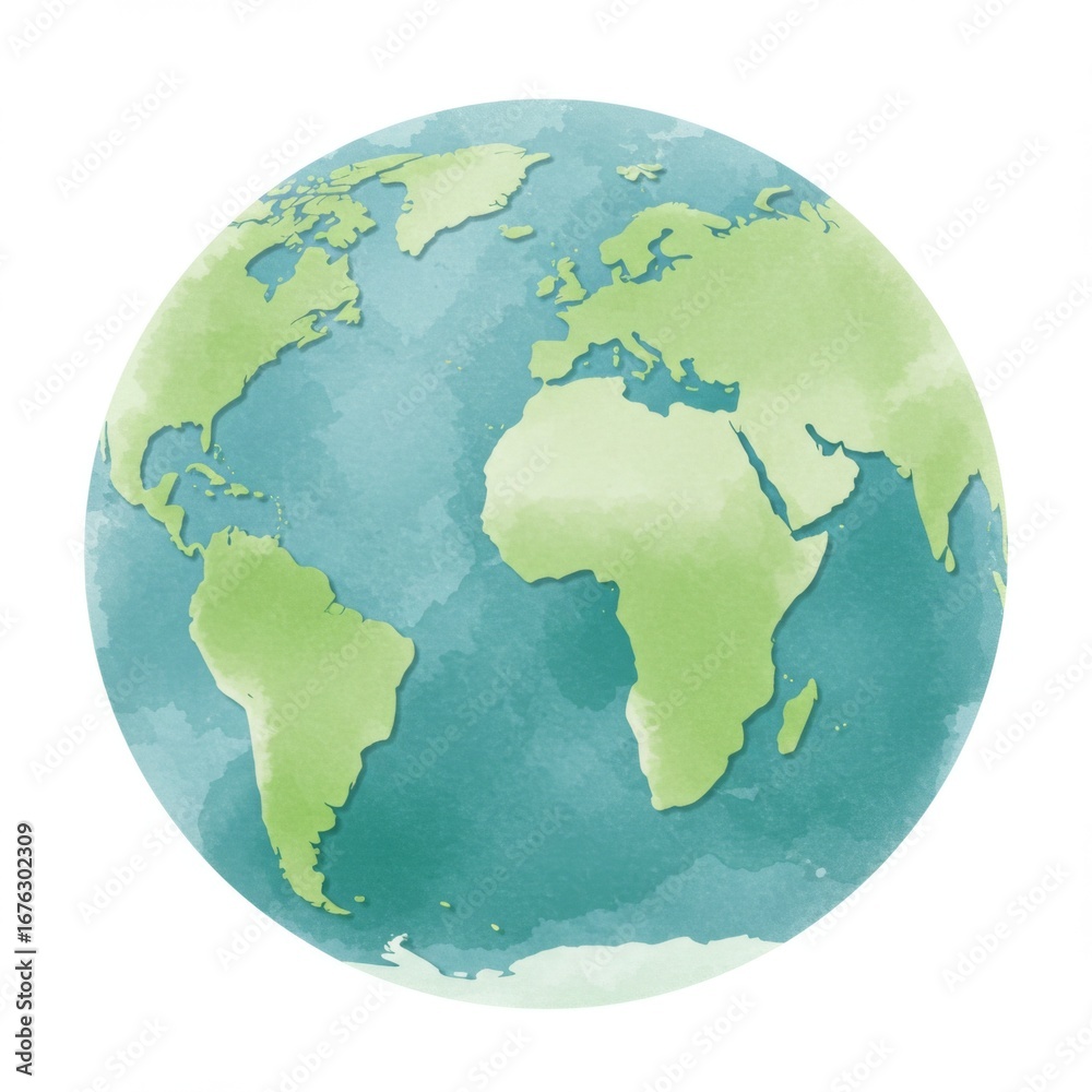 Fototapeta premium Watercolor Style World Globe with Continents and Oceans in Green and Blue