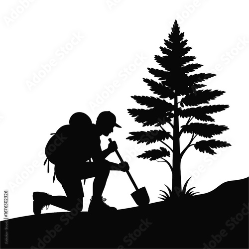 Silhouette of hiker planting a tree next to evergreen tree on grassy hillside