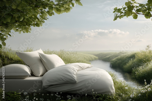 peaceful bed surrounded by nature elements representing harmony of sleep and biorythms