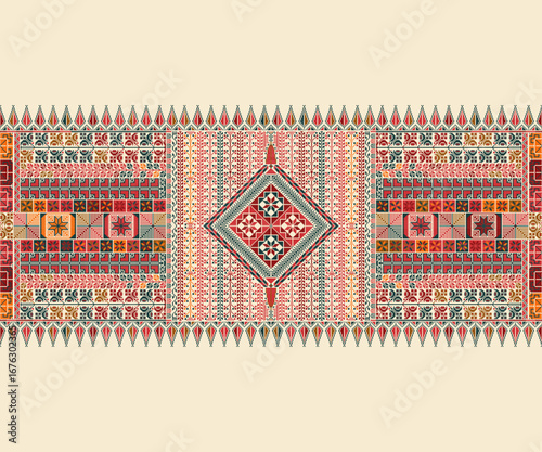 Traditional Tatreez embroidery horizontal seamless pattern, Palestinian border. Scalable vector design for print, background, template