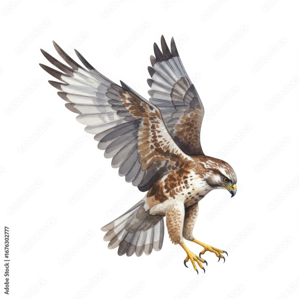 Obraz premium Brown and Gray Hawk in Mid Flight Isolated on White Background with Talons Extended