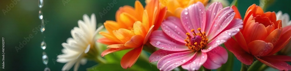 Fototapeta premium Close-up of a vibrant bouquet of flowers being gently watered, droplets glistening on petals Fresh, lush blooms drinking in life-giving water A tranquil scene of floral hydration , water, droplets